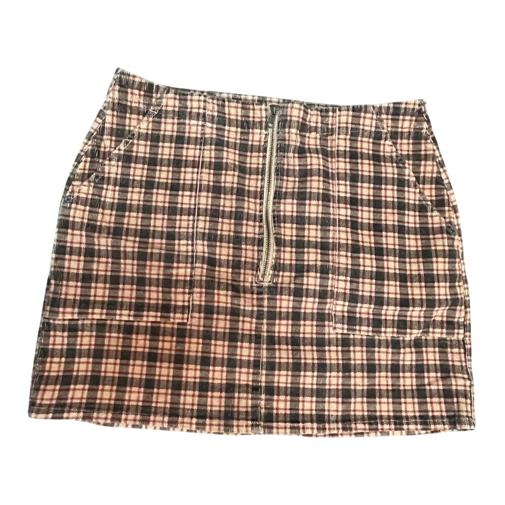 Wild Fable Brown Plaid Corduroy Mini Skirt Front Zip Size 16